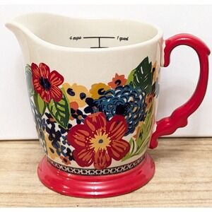 Pioneer Woman Stoneware Floral Pitcher Measuring Cup Dazzling Dahlia Red Handle